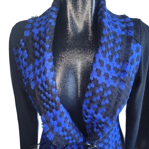 Vex Collection Black and Blue Checkered Belted Cardigan M - Picture 2 of 7